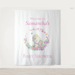 Elephant Pink Butterflies Baby Shower Backdrop Tapestry
