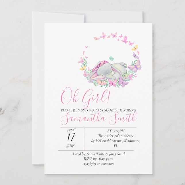 Elephant Pink Butterflies Baby Shower Invitation (Front)