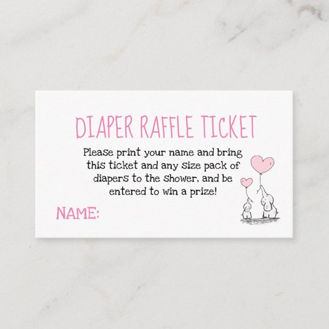 Elephant Pink Diaper Raffle Ticket Baby Shower Enclosure Card (Front)