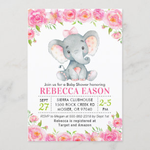 Elephant Pink Floral Baby Girl Shower Sprinkle Invitation