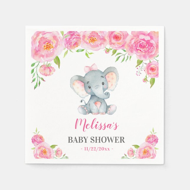 Elephant Pink Floral Baby Girl Shower Sprinkle Napkin (Front)
