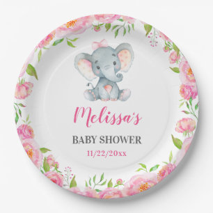 Elephant Pink Floral Baby Girl Shower Sprinkle Paper Plate