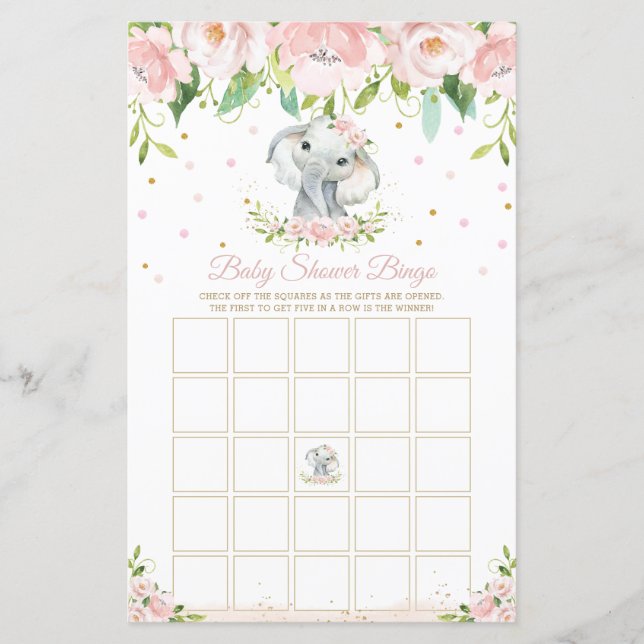 Elephant Pink Floral Baby Shower Bingo Game (Front)
