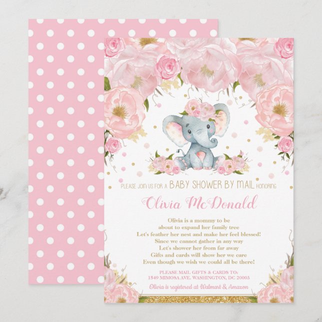 Elephant Pink Floral Baby Shower by Mail Girl Invitation (Front/Back)