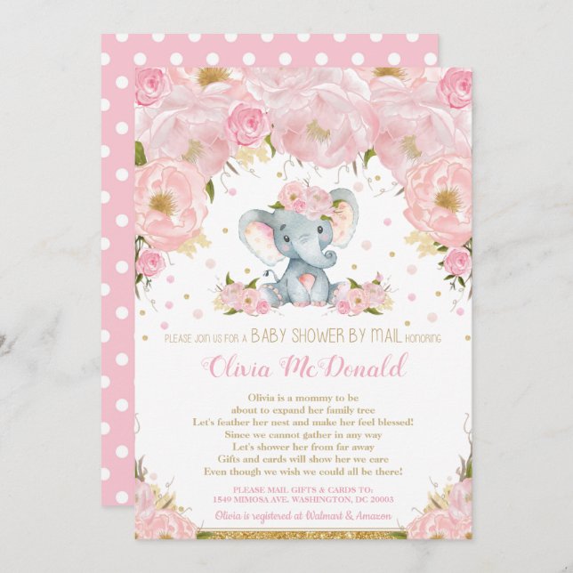 Elephant Pink Floral Baby Shower by Mail Girl Invitation (Front/Back)