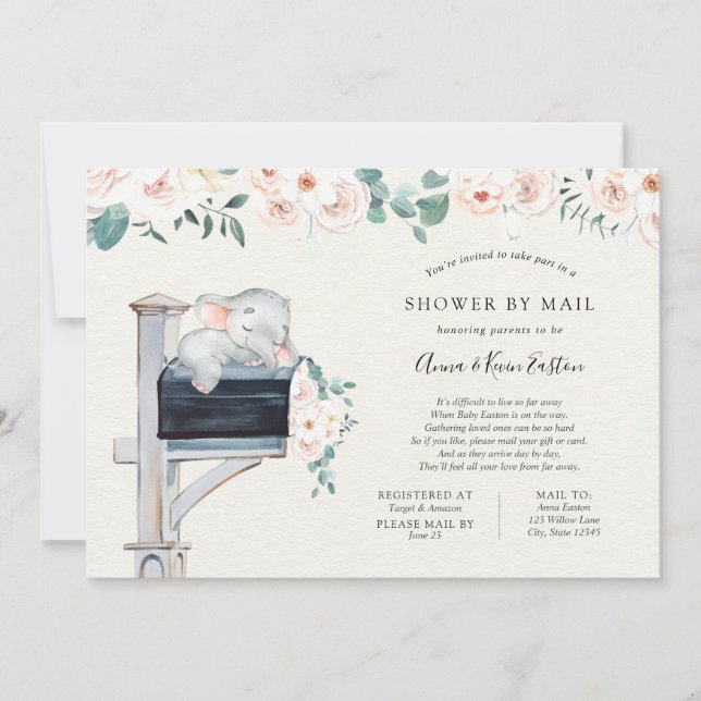 Elephant Pink Floral Baby Shower by Mail Invitation (Front)