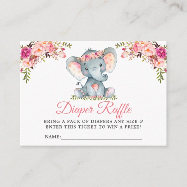 Elephant Pink Floral Baby Shower Diaper Raffle Enclosure Card (Front)