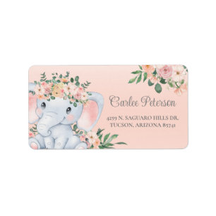 Elephant Pink Floral Baby Shower Return Address Label
