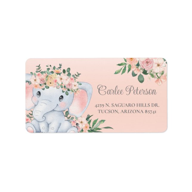 Elephant Pink Floral Baby Shower Return Address Label (Front)