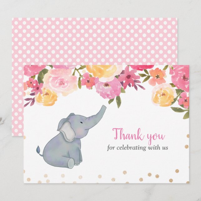 Elephant Pink Floral Baby Shower Thank You Invitation (Front/Back)