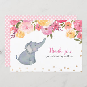 Elephant Pink Floral Baby Shower Thank You Invitation
