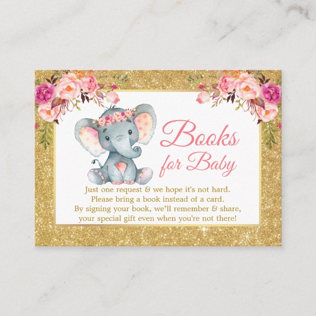 Elephant Pink Floral Books For Baby Shower Glitter Enclosure Card (Front)