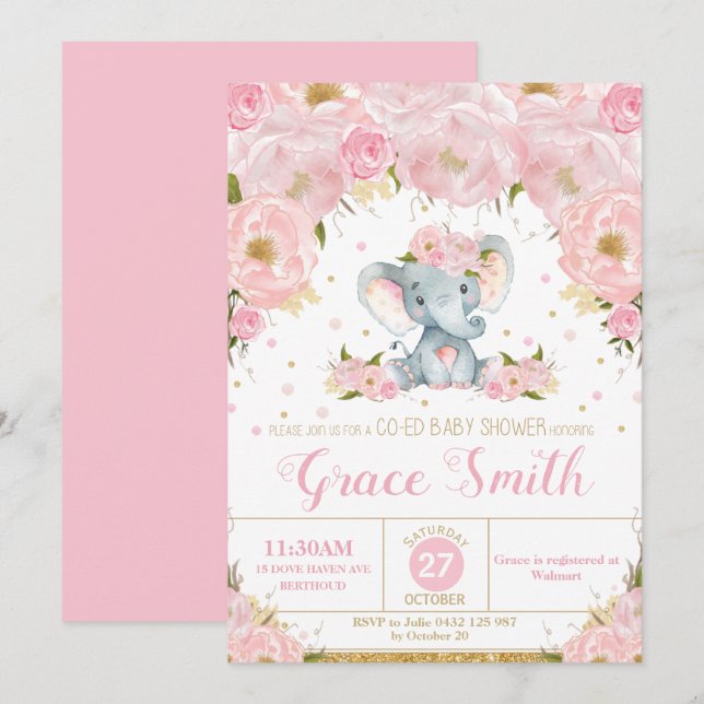 Elephant Pink Floral Co-Ed Baby Shower Girl Invitation (Front/Back)
