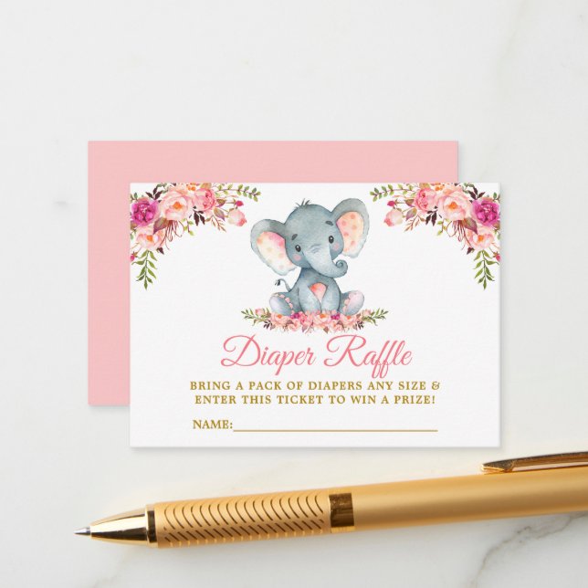Elephant Pink Floral Diaper Raffle Shower Gold Enclosure Card (Front/Back In Situ)