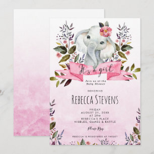elephant pink floral girl baby shower invitation