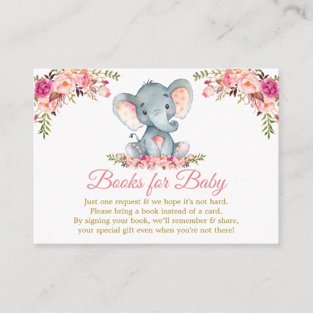 Elephant Pink Floral Gold Books For Baby Shower Enclosure Card (Front)