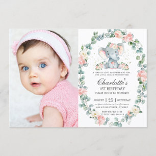 Elephant Pink Floral Greenery 1st Birthday Photo Invitation