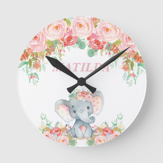 Elephant Pink Floral Kids Nursery Bedroom Decor Round Clock (Front)