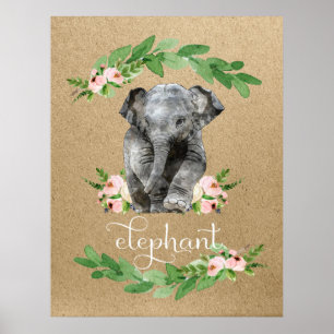Elephant Pink Floral Nursery Print