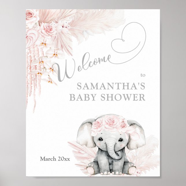 Elephant Pink Flower Boho Baby Shower welcome Foam Poster (Front)