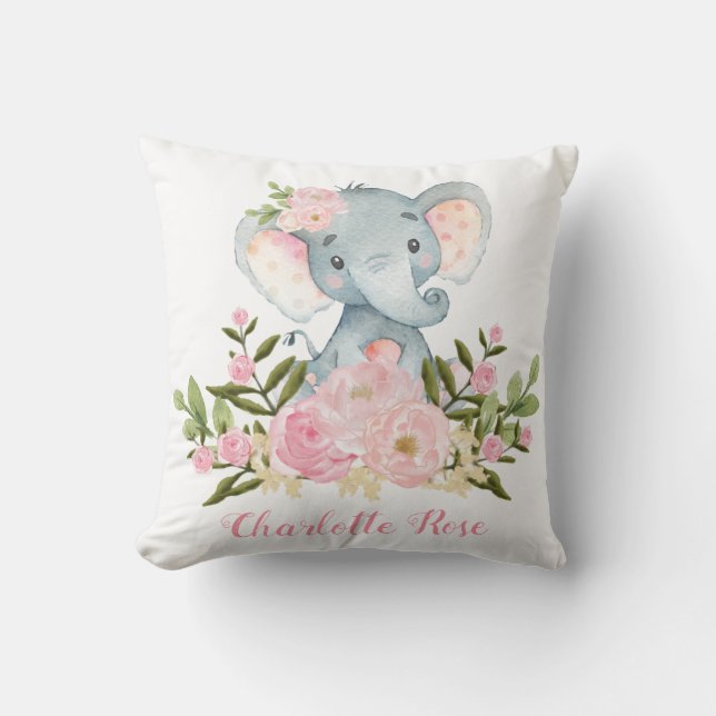 Elephant Pink Flowers Baby Girl Nursery Decor Cushion (Front)