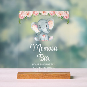 Elephant, Pink Flowers, Baby Shower Momosa Bar Acrylic Sign