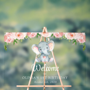 Elephant, Pink Flowers, First Birthday Welcome Acrylic Sign