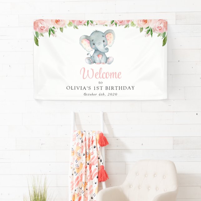Elephant, Pink Flowers, First Birthday Welcome Banner (Insitu)