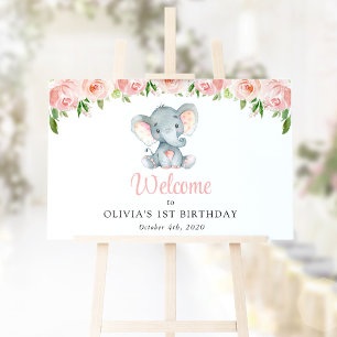 Elephant, Pink Flowers, First Birthday Welcome Poster