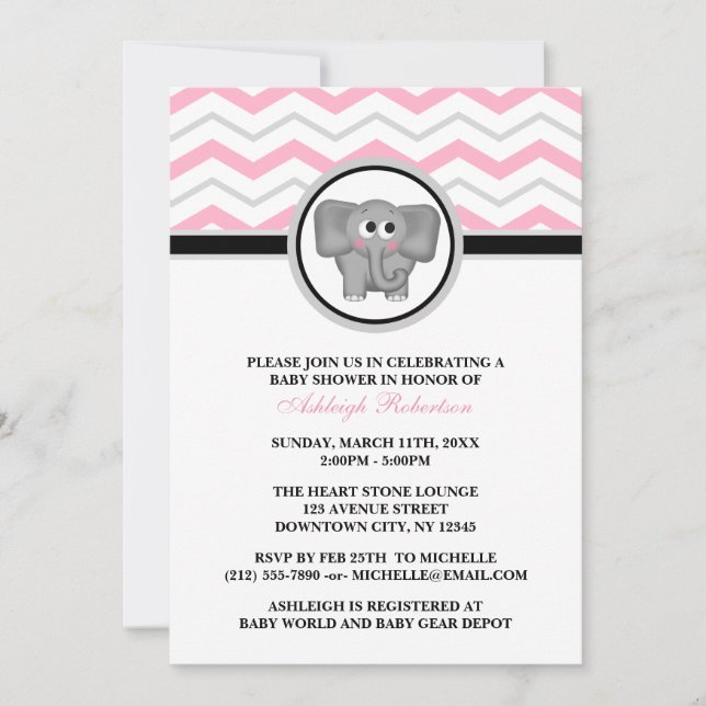 Elephant Pink Grey Chevron Baby Shower Invitations (Front)