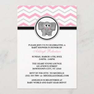 Elephant Pink Grey Chevron Baby Shower Invitations