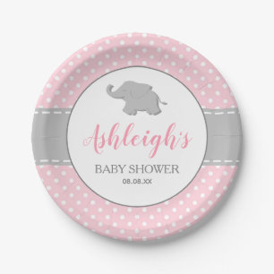 Elephant Pink Grey Polka Dot Girl Baby Shower Paper Plate