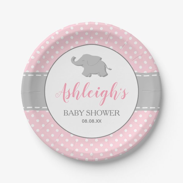 Elephant Pink Grey Polka Dot Girl Baby Shower Paper Plate (Front)