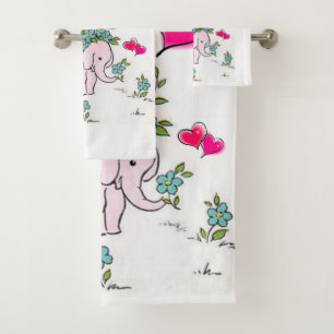 Elephant Pink Hearts Bathroom Towel Sets