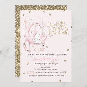 Elephant Pink Moon,Twinkle Star Baby Shower Invitation