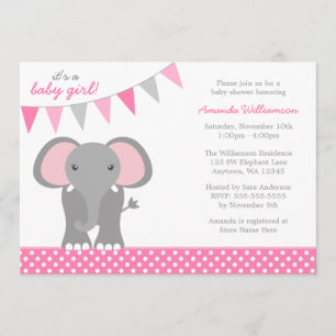 Elephant Pink Polka Dot Banner Girl Baby Shower Invitation