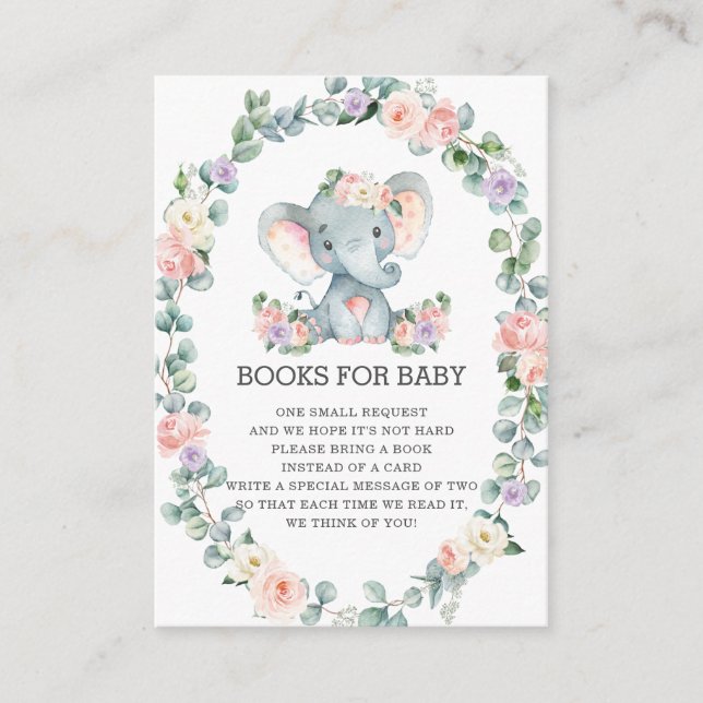 Elephant Pink Purple Floral Leafy Books for Baby Enclosure Card (Front)