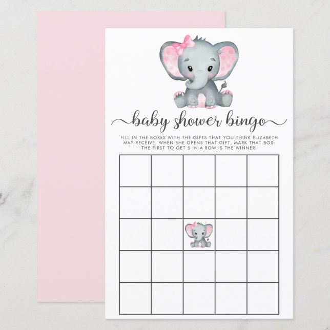 Elephant Pink Watercolor Baby Bingo Shower Game (Front/Back)