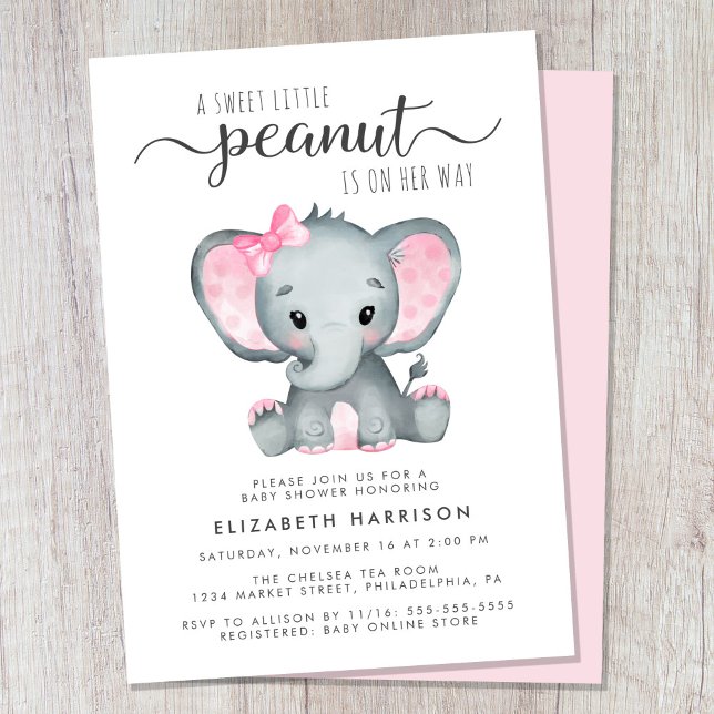 Elephant Pink Watercolor Baby Girl Shower Invitation (Cute baby girl shower invitation)