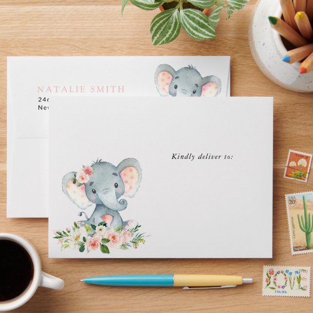 Elephant, Pink Watercolor Flowers, Baby Shower Envelope (Desk)