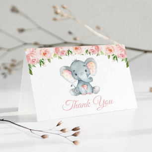 Elephant, Pink Watercolor Flowers, Baby Shower Thank You Card