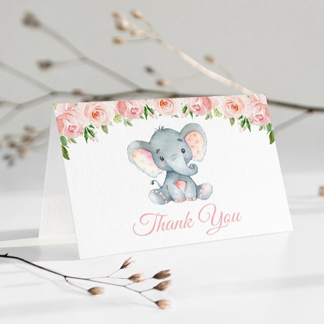 Elephant, Pink Watercolor Flowers, Baby Shower Thank You Card (Creator Uploaded)