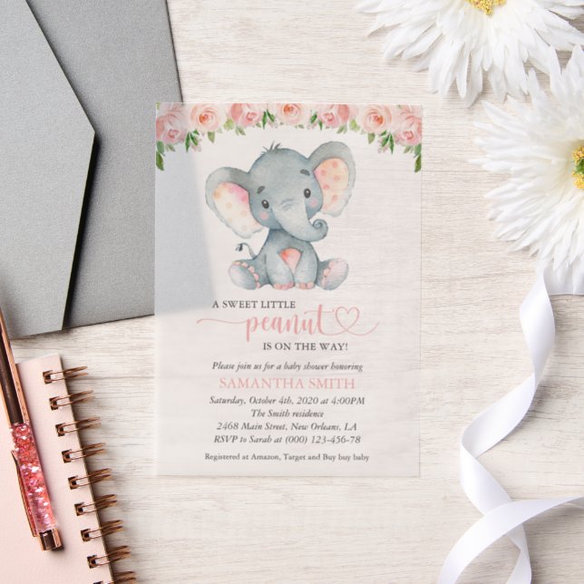 Elephant, Pink Watercolor Flowers, Baby Shower Vellum Invitations (Wedding)
