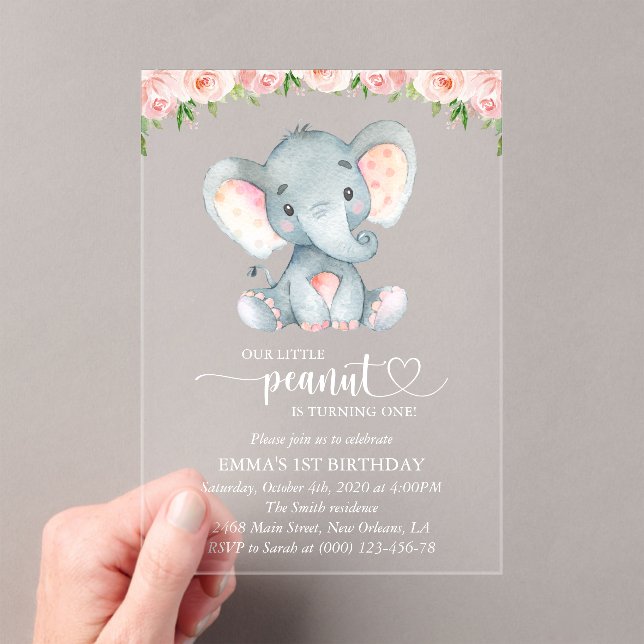 Elephant, Pink Watercolor Flowers, First Birthday Acrylic Invitations (Insitu (Handheld))