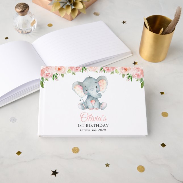 Elephant, Pink Watercolor Flowers, First Birthday Guest Book (Front Open)
