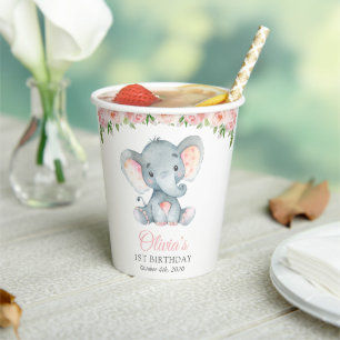 Elephant, Pink Watercolor Flowers, First Birthday Paper Cups