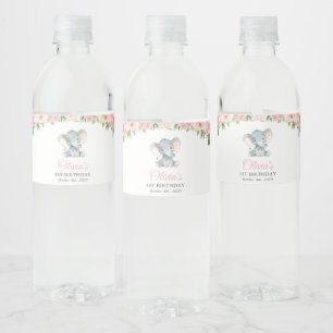 Elephant, Pink Watercolor Flowers, First Birthday Water Bottle Label
