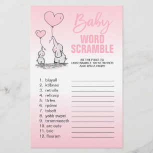 Elephant Pink White Girl Baby Shower WORD SCRAMBLE Flyer