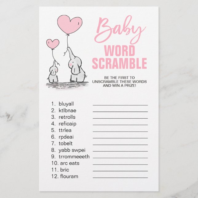 Elephant Pink White Girl Baby Shower WORD SCRAMBLE Flyer (Front)