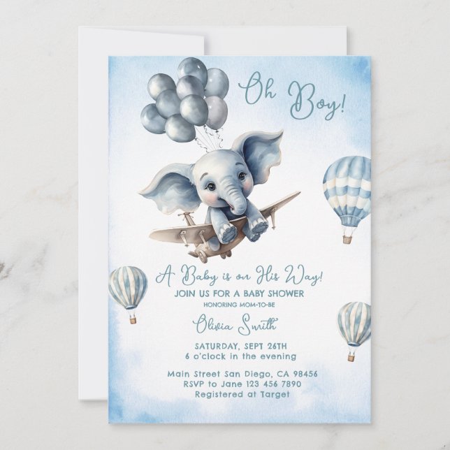 Elephant Plane Adventure Oh Boy Baby Shower  Invitation (Front)